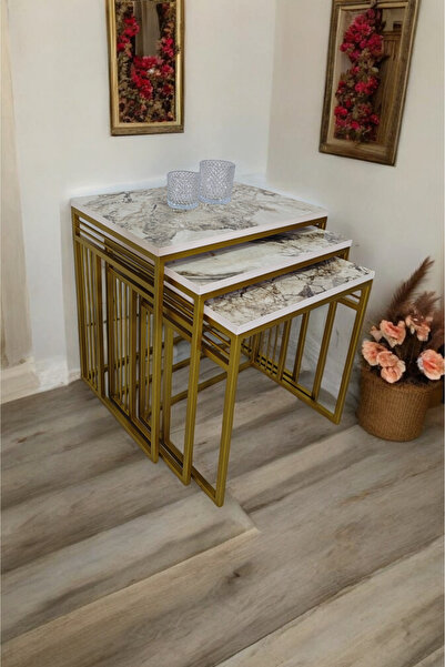 Mobievim Milano Gold Metal Ayaklı Mermer Desenli Zigon Sehpa 3'lü Set | Şık V...