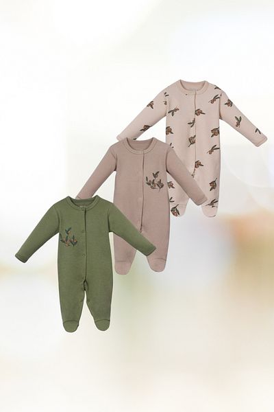 Baby s Breath Flower Olive Patterned Long Sleeve Unisex Baby 3-Piece Jumpsuit 100% Cotton 0-3-6 Months Baby Girl-Boy Outfits