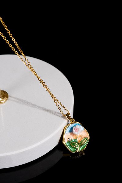 Zalifra Vintage Series, Stylish and Elegant Steel Necklace with White Rose and Green Leaf Detail