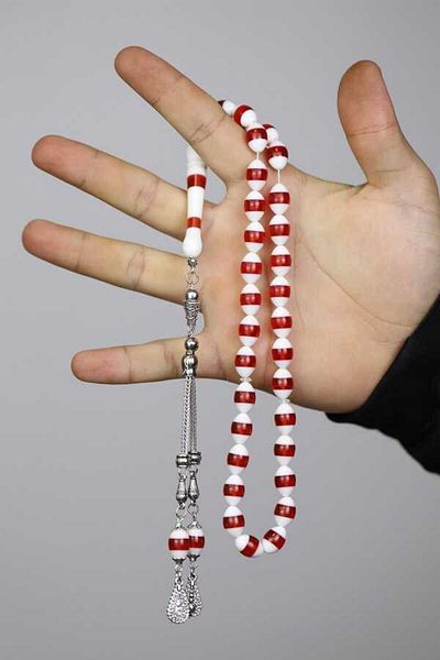 Midyat Gümüş Dünyası Red White Powder Amber Prayer Beads