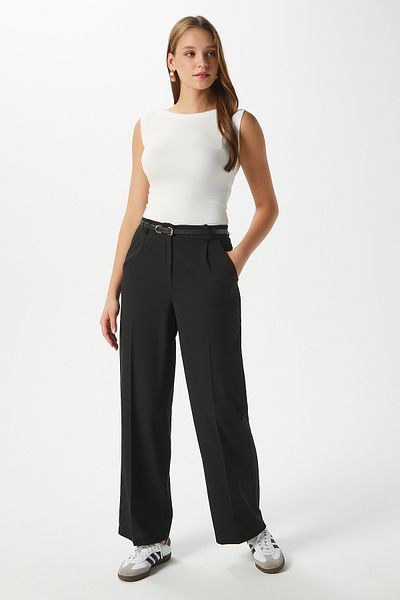 Ritnice Women's City Elastic Waist Poly Viscose Black Woven Trousers