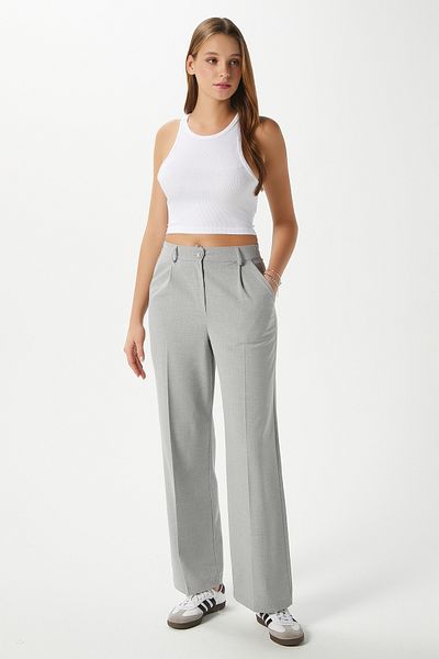 Ritnice Women's City Elastic Waist Poly Viscose Light Gray Woven Trousers