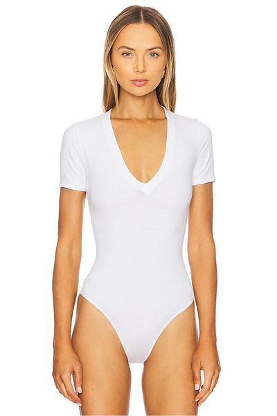 zaccana z Women's White V Neck Double Layer Short Sleeve Bodysuit