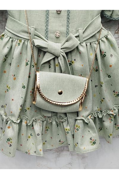 XORVİO Girl's Green Floral Patterned Belted Buttoned Dress Short Sleeve Back Zipper Linen Dress