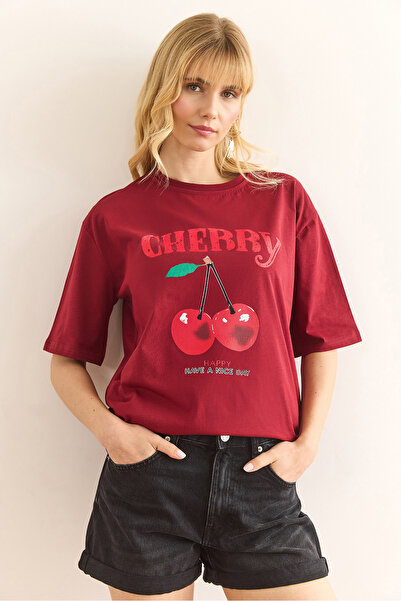 Olalook Women's Burgundy Cherry Printed Cotton T-Shirt Tsh-19000895