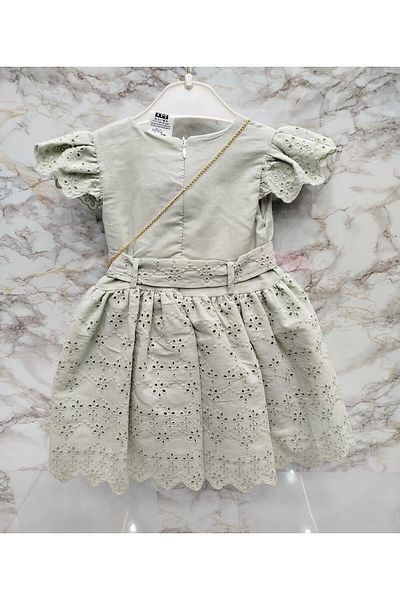 XORVİO Girl's Water Green Flower Pattern Belted Buttoned Dress Short Sleeve Linen Dress with Waist Zipper Bag