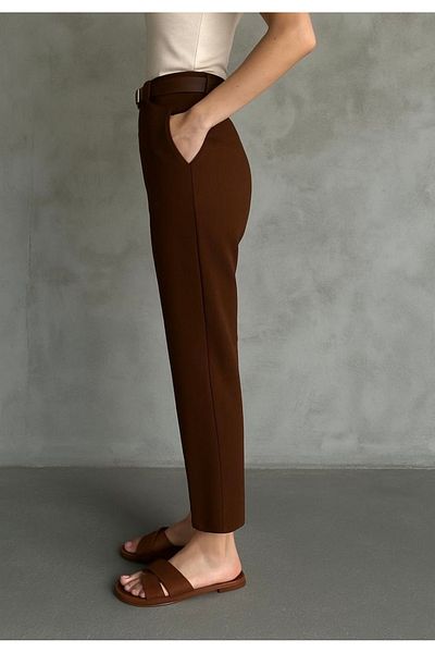 Heyya Women's Skinny Leg Seasonal Belted Fabric Trousers Brown