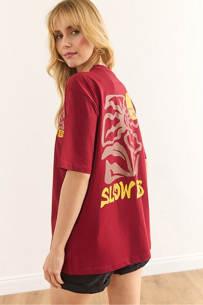 Olalook Tricou din bumbac imprimat în față și spate pentru femei Burgundy Slow Bliss TSH-19000896
