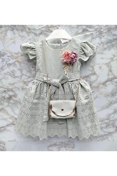 XORVİO Girl's Water Green Flower Pattern Belted Buttoned Dress Short Sleeve Linen Dress with Waist Zipper Bag