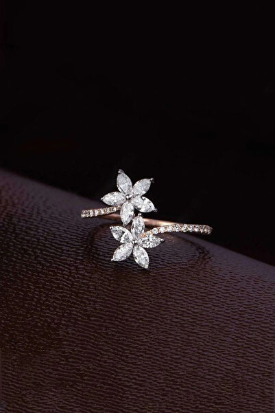 Eva Jewelry Unutma Beni Çiçeği Beyaz Taşlı 14 K Rose Gold Kaplama Kadın Yüzük
