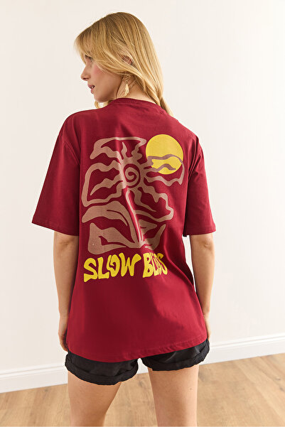 Olalook Women's Burgundy Slow Bliss Front Back Printed Cotton T-Shirt Tsh-19000896