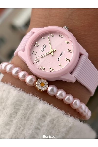 Q&Q Brand Pool Sea Suitable for Use Pink Silicone Cord Girl's Wristwatch Bracelet Gift