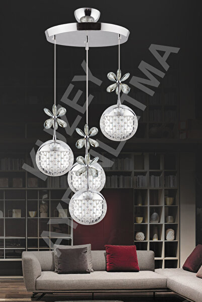 KUZEY AYDINLATMA Roma 4 Lü Krom Kumandalı 3 Renk Sarkıt Ledli Modern Aydınlatma