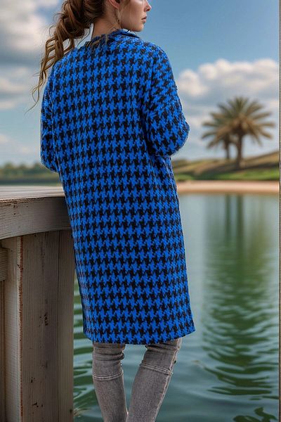 bacc Women's Blue Lined Houndstooth Patterned Oversize Buttoned Coat with Pockets Bcbsk-25700-3299