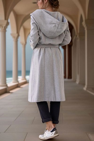 bacc Women's Gray Self-Belted Hooded Casual Stamp Coat Bcbsk-25700-3269