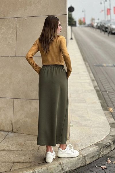 bacc Women's Khaki High Waist Elastic Waist Long Skirt Bcbsk-25700-3503