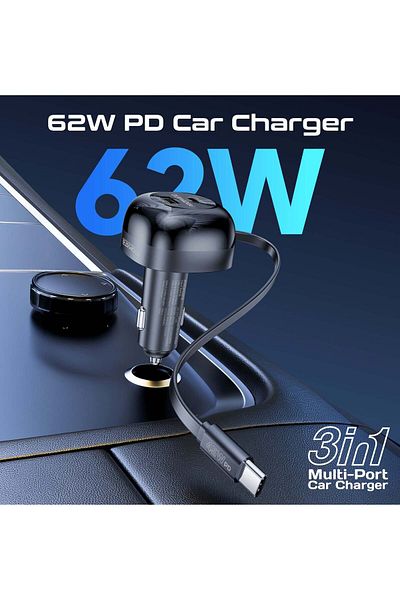 Promate 62W Multi-Port Car Charger With Retractable USB-C Cable And USB-C Port, Qualcomm Quick Charg