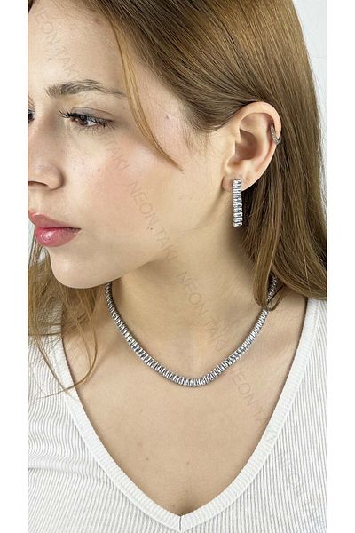Neon Takı by Atalay Sensitivity Tag and Waterway, Zircon Stone, Stainless Steel Earrings 28, Silver Color