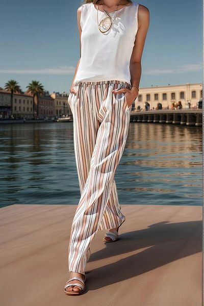 bacc Women's Powder Waist Elastic Pocket Striped Loose Linen Trousers Bcbsk-25700-3258