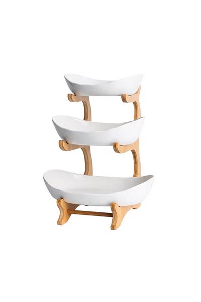 OEM Platou cu fructe, raft, cu suport din lemn natural, 3 boluri