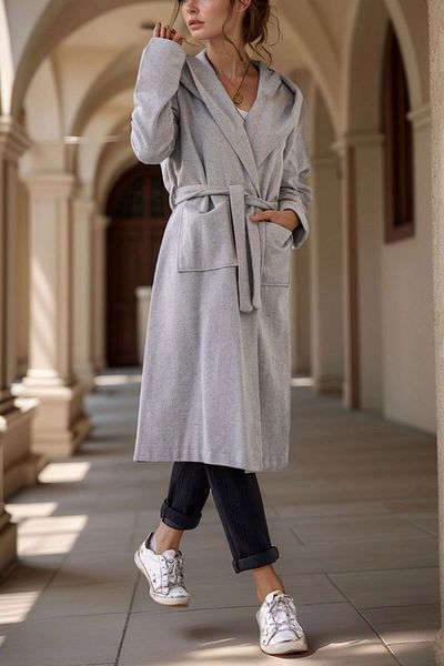 bacc Women's Gray Self-Belted Hooded Casual Stamp Coat Bcbsk-25700-3269