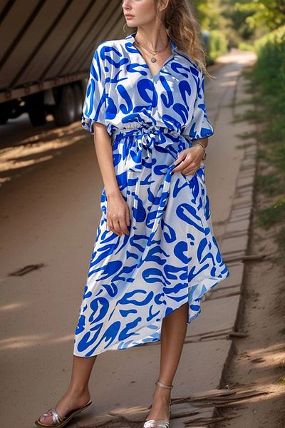 bacc Rochie lejeră pentru femei, albastru din satin, cu decolteu în V, cu centură adunată Bcbsk-25700-3246