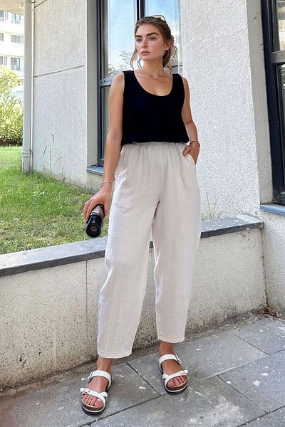 bacc Women's Stone Muslin Elastic Waist Pocket Casual Trousers Bcbsk-25700-3416