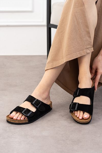 Uniqueqoop Tokyo Genuine Leather Orthopedic Cork Sole Suede Unisex Slippers