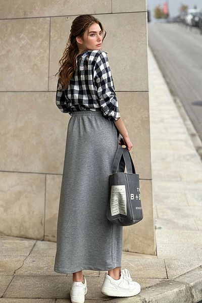 bacc Women's Gray High Waist Elastic Waist Long Skirt Bcbsk-25700-3503