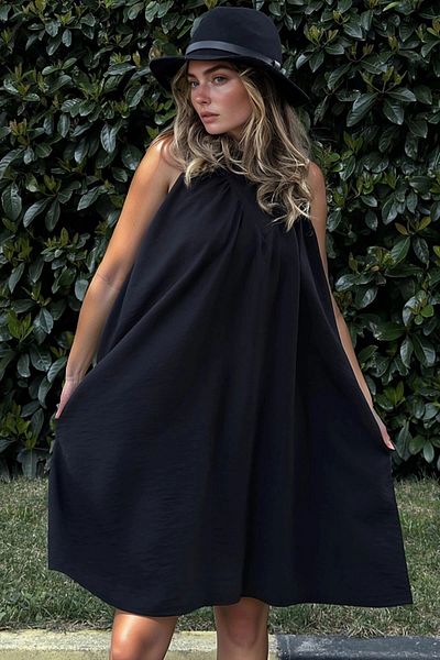 bacc Rochie largi plisată cu buzunare în linie A de in negru pentru femei Bcbsk-25700-3429