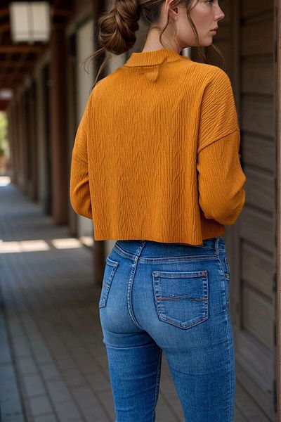 bacc Women's Mustard Self-Textured Pocket Crop Loose Sweatshirt Bcbsk-25700-3321