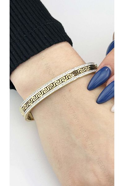 Neon Takı by Atalay Sentiment Tag and Zircon Stone, Maze, Stainless Steel Handcuff Bracelet 20, Gold Color