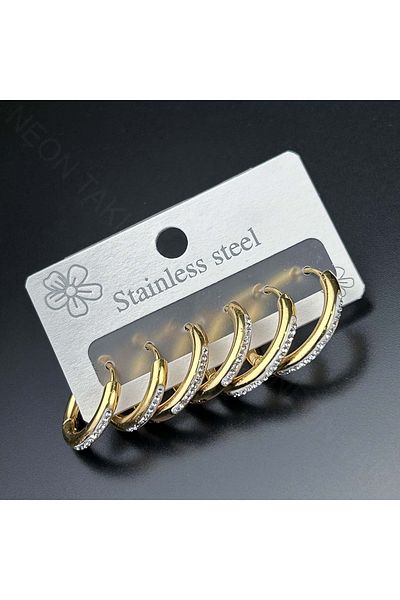 Neon Takı by Atalay Receptivity Tag - Multiple Earrings, Zircon Stone Hoop - Stainless Steel 535 Case Gold Color