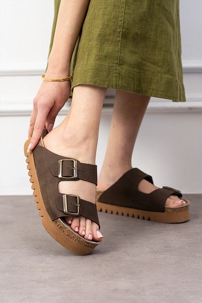 Uniqueqoop Tokyo Genuine Leather Cork Sole Orthopedic High Eva Women's Slippers