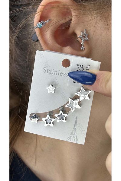 Neon Takı by Atalay Receptivity Tag - Multiple Earrings, Star Figured - Stainless Steel (Silver Color)