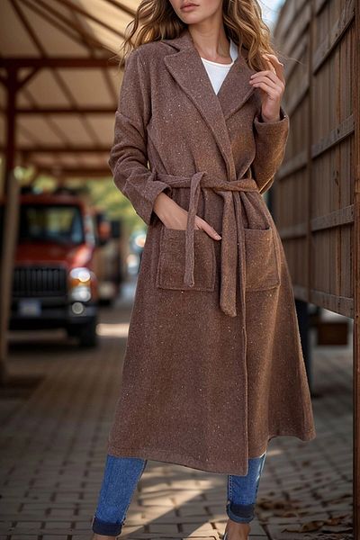 bacc Women's Brown Jacket Collar Belted Pocket Cashmere Coat Bcbsk-25700-3310