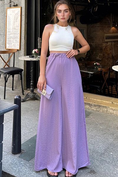 bacc Women's Lilac Elastic Waist Pocket Wide Leg Soft Textured Loose Trousers Bcbsk-25700-3391
