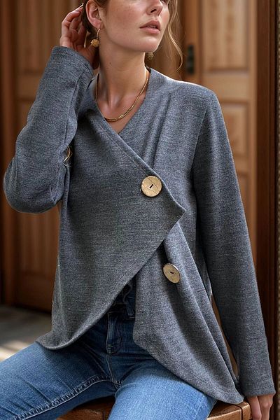 bacc Women's Anthracite Shawl Collar Asymmetrical Cut Buttoned Loose Cardigan Bcbsk-25700-3328