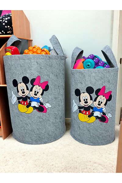 Trend Sizde Mickey and Minnie Printed Gray Toy Laundry Basket - Unisex, Large and Medium Size