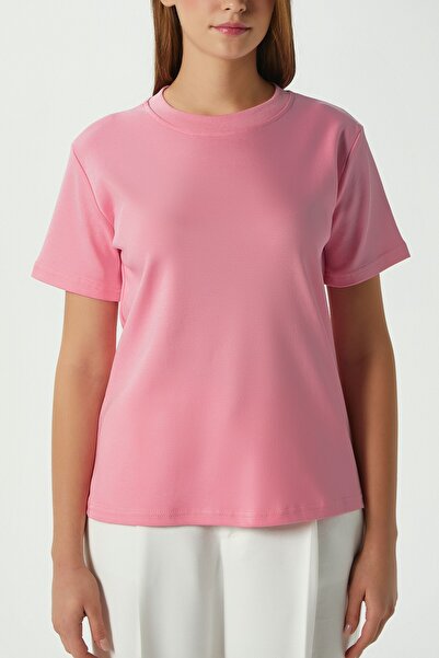 Ritnice Women's Rise Decorative Collar Tok Texture 100% Cotton Pink T-Shirt