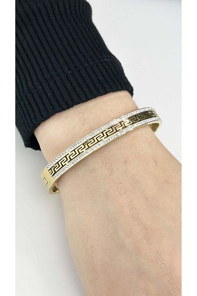 Neon Takı by Atalay Sentiment Tag and Zircon Stone, Maze, Stainless Steel Handcuff Bracelet 20, Gold Color