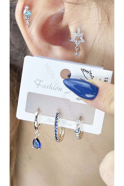 Neon Takı by Atalay Receptivity Tag and Multiple Earrings, Zircon Stone, Blue Mini Stone Earrings 581, Gold Color