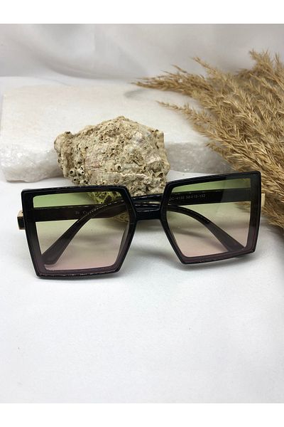 TD TRENDDURAGI Mond Rectangular Gold Detail Green Pink Glass Women's Sunglasses