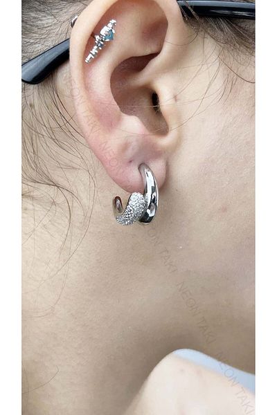 Neon Takı by Atalay Sensitivity Sticker and Zircon Stone, Double Look Vip Earrings 603, Silver Color