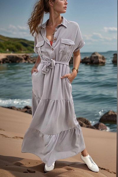 bacc Γυναικεία γκρι φούστα μισή πλισέ με ζώνη casual φόρεμα Bcbsk-25700-3336