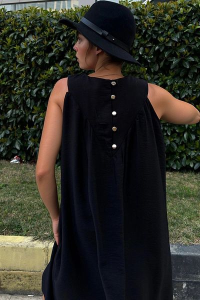 bacc Rochie largi plisată cu buzunare în linie A de in negru pentru femei Bcbsk-25700-3429