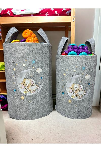 Trend Sizde Gray Teddy Bear Patterned Unisex Large and Medium Size Toy Laundry Basket