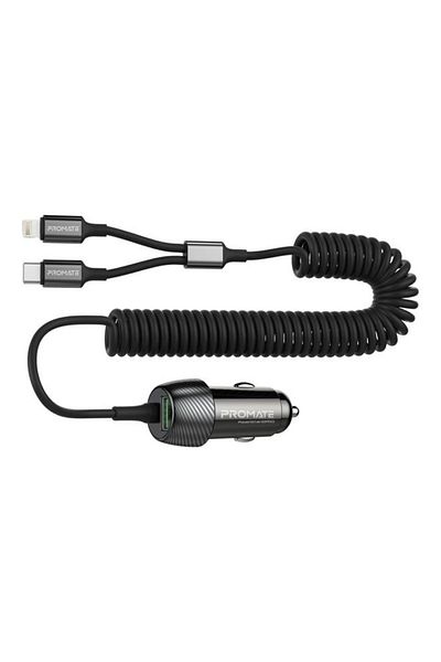 Promate 33W Car Charger with Lightning Connector and USB-C Cable