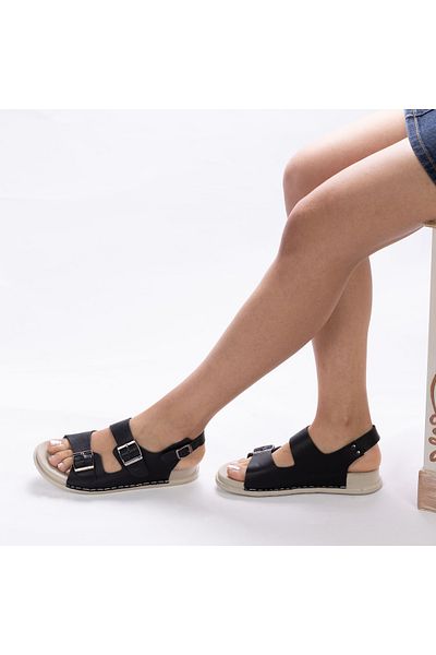 MixBrand Women's Genuine Leather Black Strappy Daily Comfortable Flat Sandals