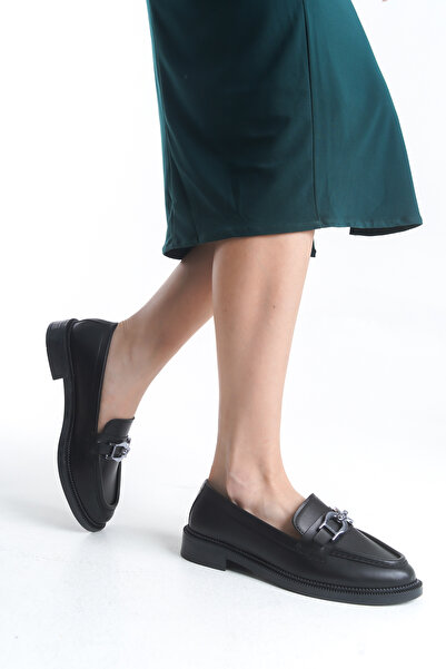 ZOLESSA Жіночі чорні лофери зі срібною пряжкою Класичні шкіряні черевики Повсякденне взуття, стильне та зручне